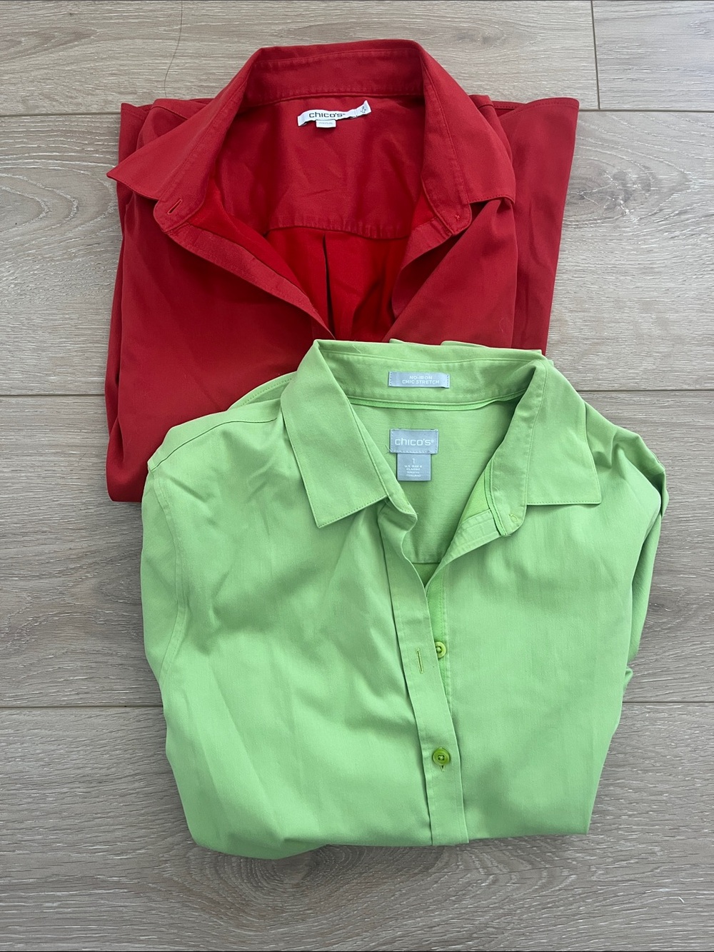 Chico's Button-Front Long Sleeve Shirts in Lime Green and Red Bundle